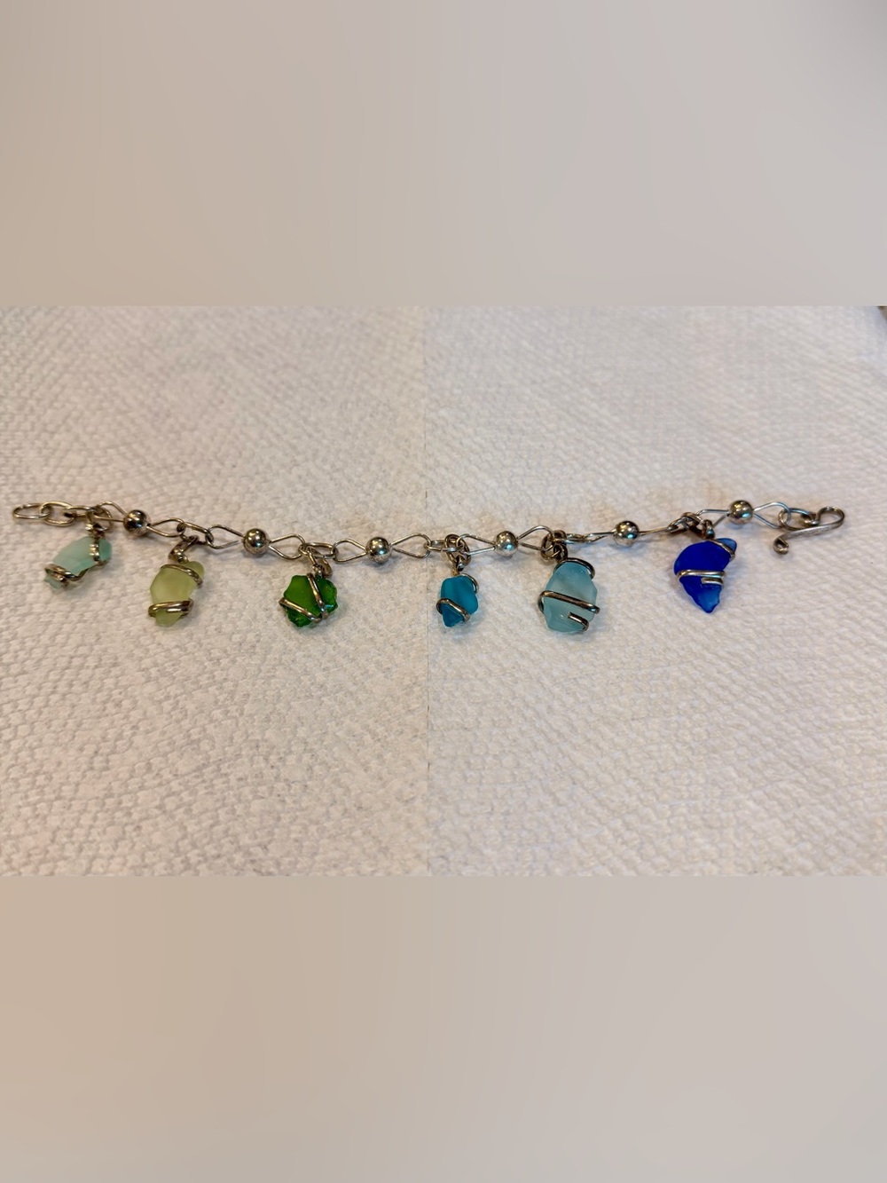 Sterling Silver Charm Bracelet with Green, Teal and Light Blue Sea Glass Charms